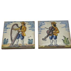 Musician Tiles Harp & Fiddle Violin Blue Yellow Vintage Retro Set of Two Small